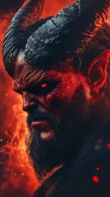 Infernal horned demon portrait in blazing red firestorm.