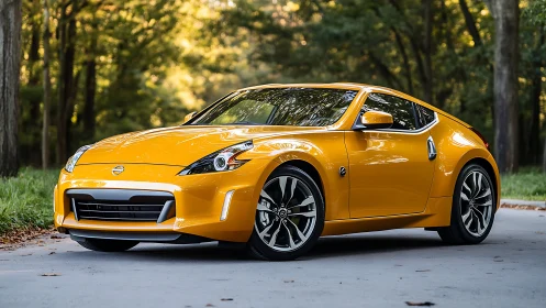 Golden sports coupe catches the light on a quiet forest road