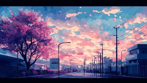 Suburban street at dusk with cherry blossoms and poles.