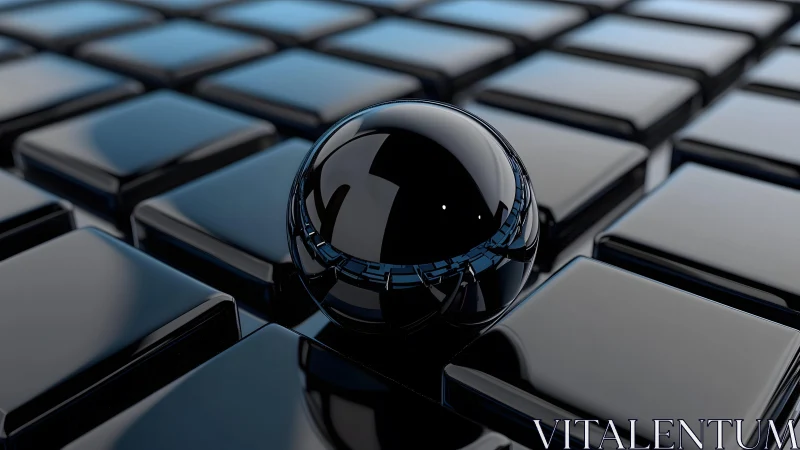 Black chrome sphere rests on reflective cubic grid plane.
