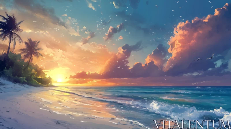 Sunset light across tropical beach with gentle breaking waves.