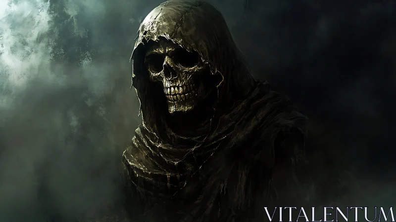 Grinning hooded reaper draped in swirling midnight fog.