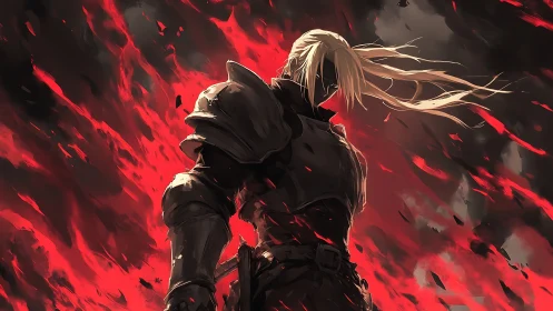 Armored warrior stands amid red flames with dynamic lighting