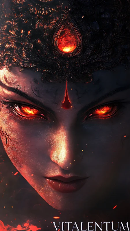 Fiery goddess face with molten eyes and glowing forehead jewel.