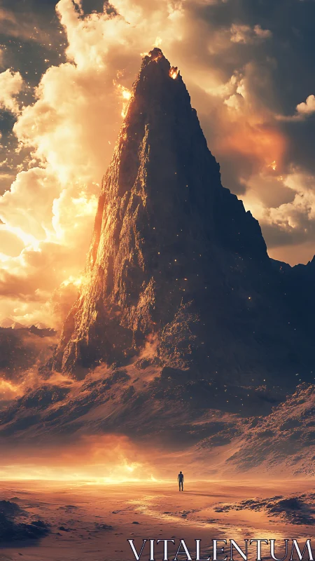 Lone wanderer faces burning monolith under stormlit sky.