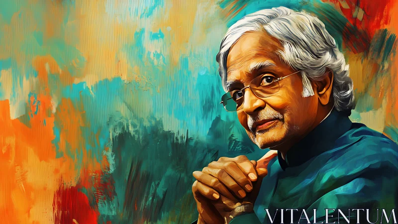 Elderly man portrait against vivid abstract painted background