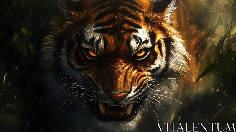Snarling tiger head emerges from shadowed jungle light