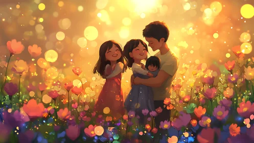 Family Group in Flower Field: Digital Illustration with Luminescent Bokeh Effects