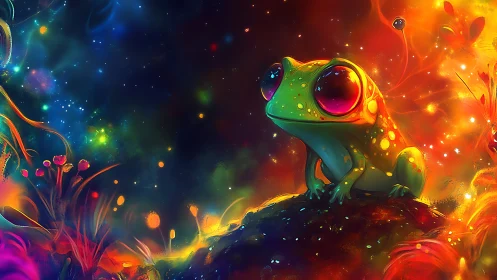 Neon tree frog sits on glowing moss in cosmic forest