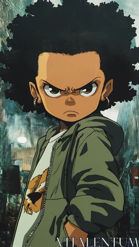 Defiant urban kid stares down city night with fierce resolve.