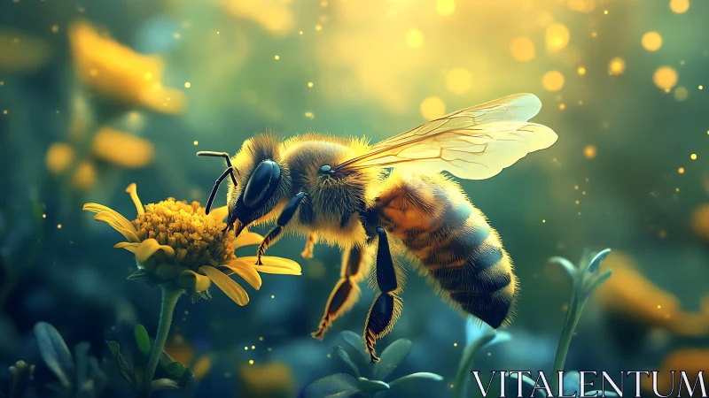 Close-up honeybee on yellow flower in glowing light.