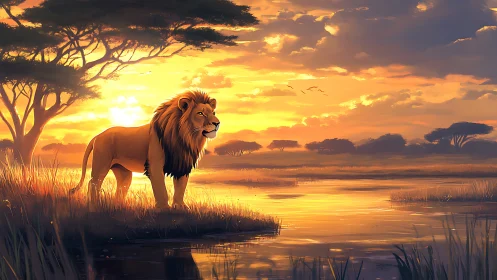 Sunlit savanna monarch pausing by a molten-gold riverbank.