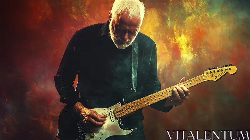 Elderly guitarist performs under fiery abstract lights.