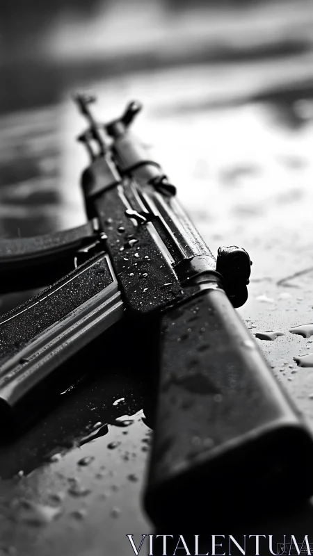 Wet assault rifle on reflective surface under shallow depth of field