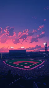 Sunset sky over illuminated baseball stadium during game.