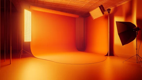 Monochrome orange photo studio cyclorama under softbox lighting