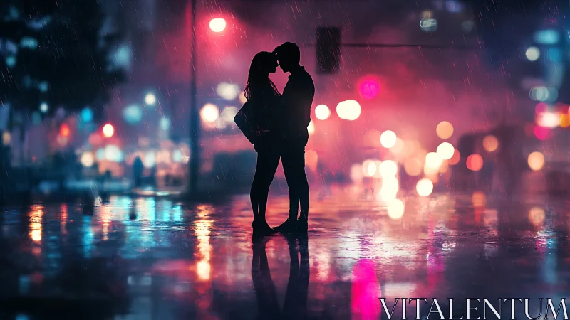 Lovers Kiss in Rain Under Neon City Lights