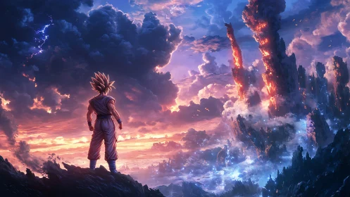 Lone hero gazing toward a stormlit, burning fantasy sky.