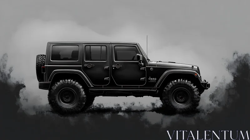 Side-profile rendering of lifted black off-road SUV in mist