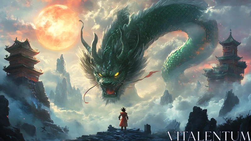 Large green dragon confronts lone figure between mountain temples
