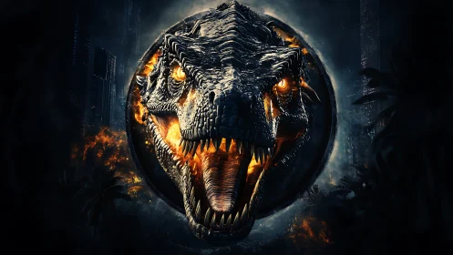 Volcanic theropod head emblem with incandescent jawline flare.