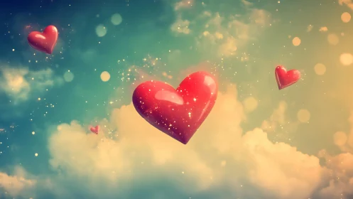 Radiant Red Hearts Floating Through Ethereal Sky. Dreamlike Digital Rendering.