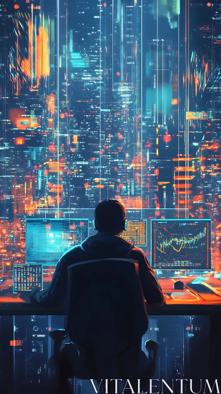 Data analyst monitors neon cybercity dashboards in high contrast