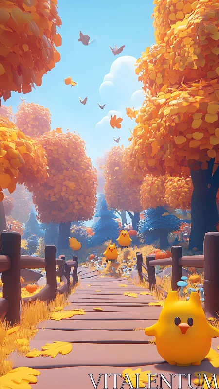 Whimsical Autumn Forest Pathway: Stylized Yellow Creatures Among Luminous Golden Foliage.
