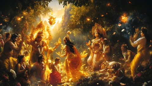 Divine forest procession ignites a golden celestial gathering.