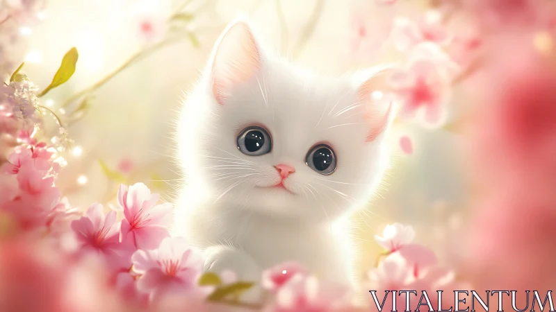 A Snow-White Kitten's Gentle Moment Among Blooming Pink Flowers.