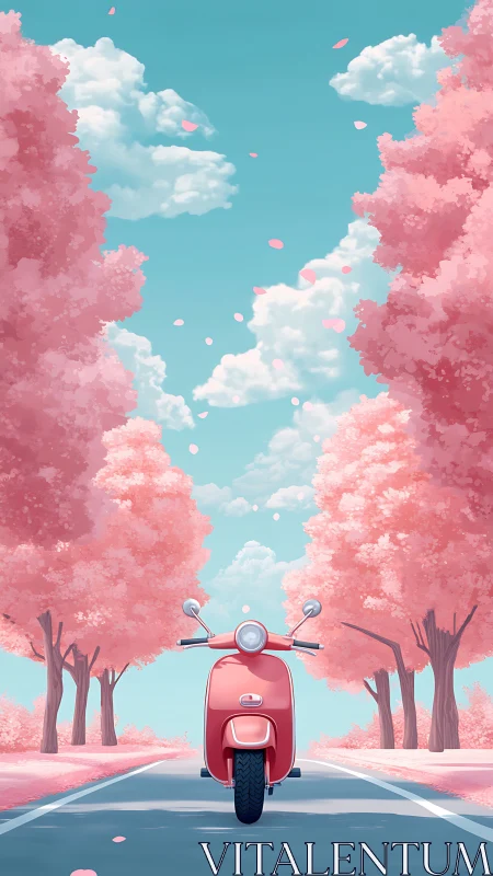 Spring scooter escape beneath a sky of drifting blossoms.