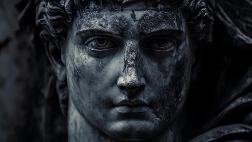 Weathered stone portrait shows high-relief classical facial symmetry