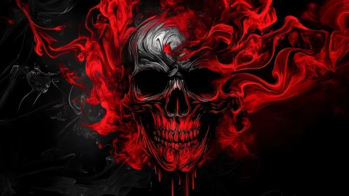 Red fiery skull emerging from swirling dark smoke.