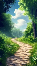 Forested pathway with stone stepping stones beneath foliage canopy.