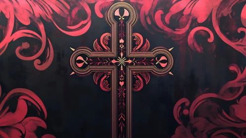 Decorative cross with ornate red flourishes on dark field.