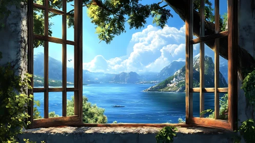 Sunlit open window frames a tranquil mountain lake vista