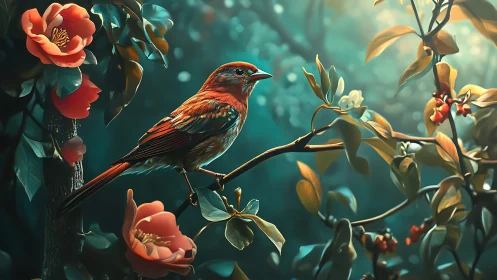 Vibrant Songbird on Flowering Branch in Dreamy Digital Art.