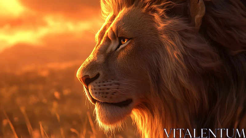 Golden-maned lion gazes over savanna at glowing sunset.