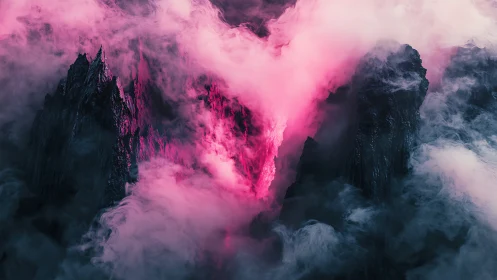 Glowing pink heart-shaped mist rises between dark crags.