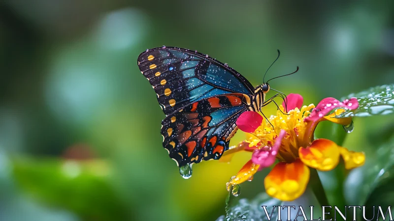 Vibrant butterfly rests on dewy flower in lush garden light