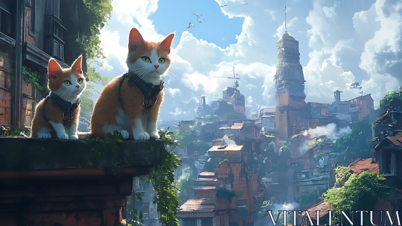Orange-White Cats Survey Futuristic City from Rooftop Perch.