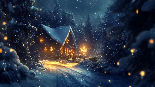 Snowy forest cabin glows warmly under a peaceful winter sky
