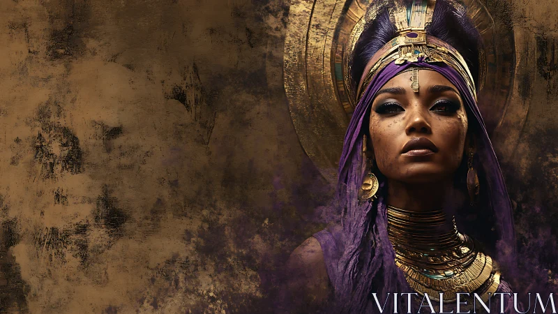 Regal desert queen wrapped in twilight gold and amethyst light.