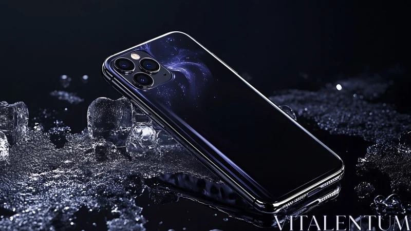 Sleek midnight smartphone resting among shimmering ice.