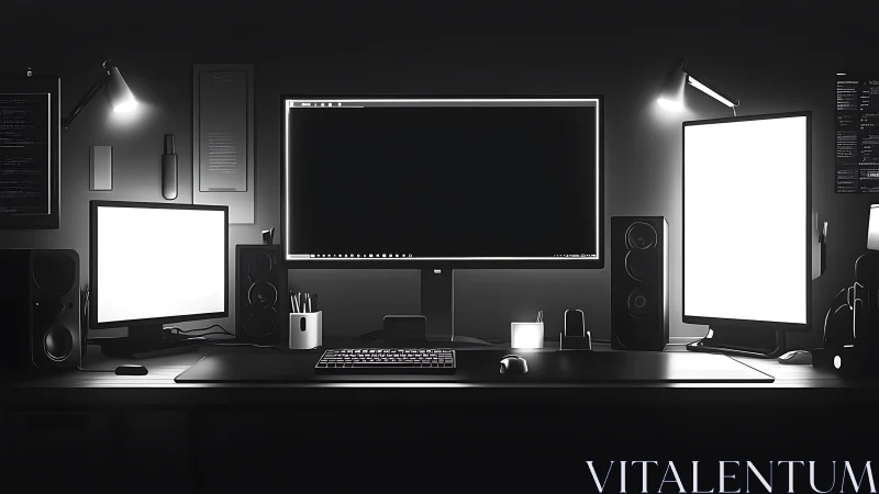 Minimalist monochrome triple-monitor workstation at night.