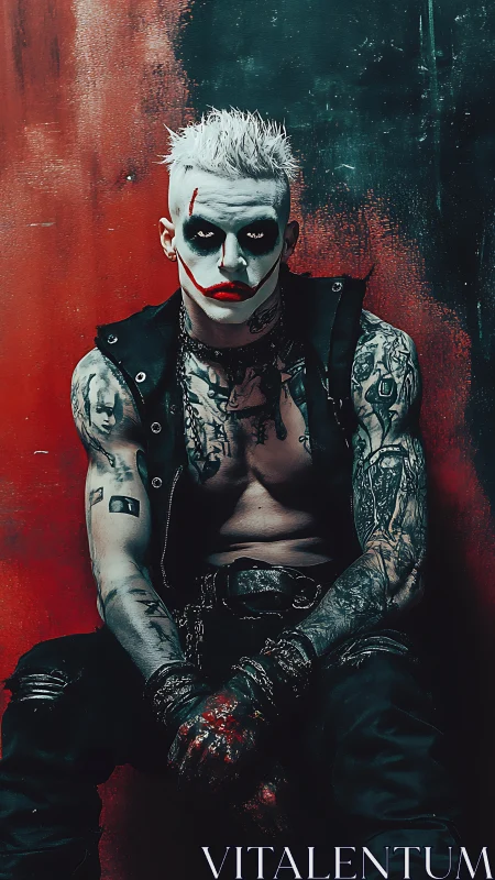 Tattooed punk man in smeared clown makeup against wall.
