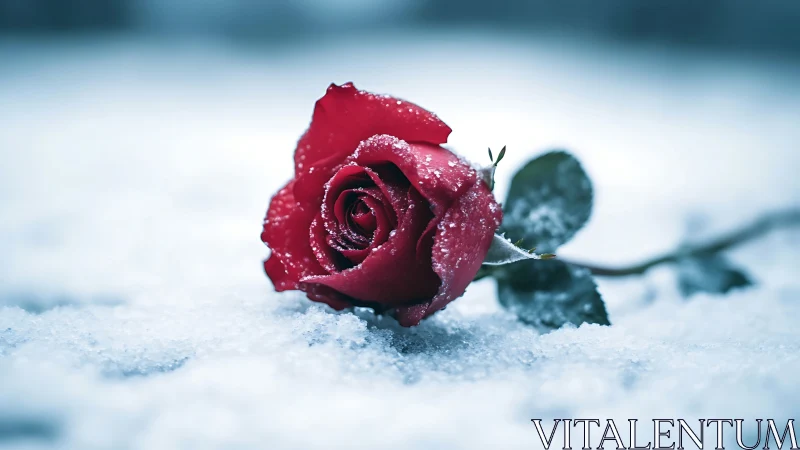 Frost-Encrusted Crimson Rose Against Winter Landscape.