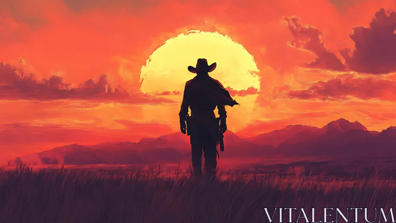 Lone cowboy silhouette before large sun over open plain.