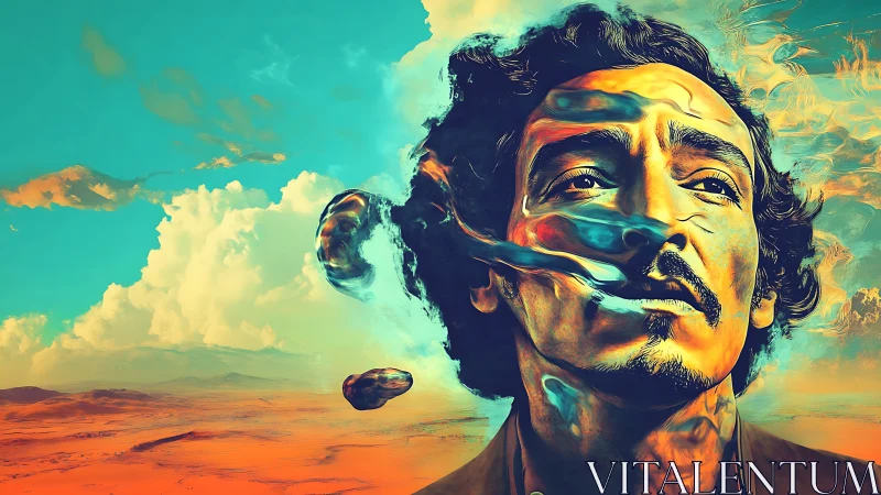 Surreal desert portrait merges human emotion with vivid sky