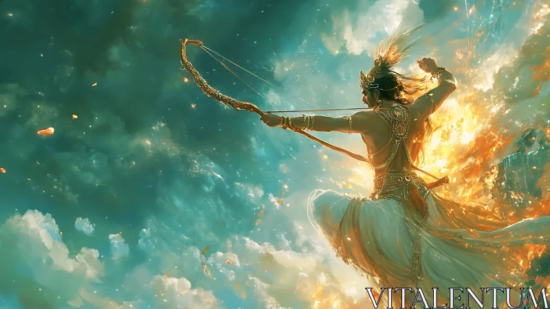 Radiant celestial archer draws a glowing bow amid stormy skies